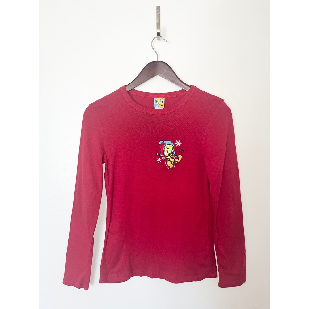 Tweety Bird 90s Y2K Red Long Sleeve Embroidered Pajama‎ Shirt Top | Large